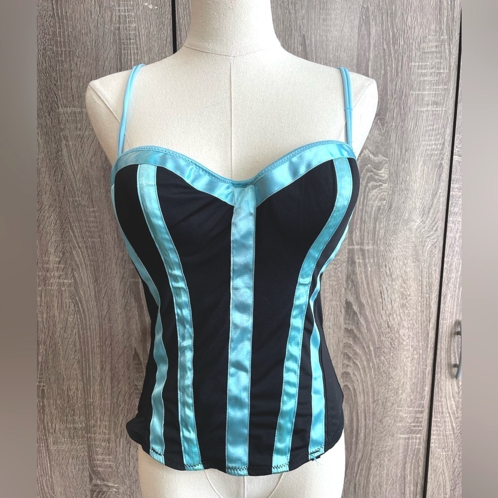 Sexy Black Bustier Corset Top with blue ribbon accents. Size 36C.